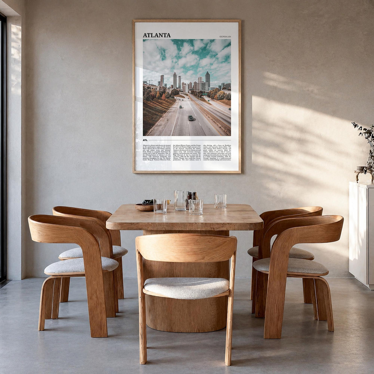 Atlanta no. 2 colorful travel poster of Georgia, USA – vertical wall art in natural wood frame, hanging on wall