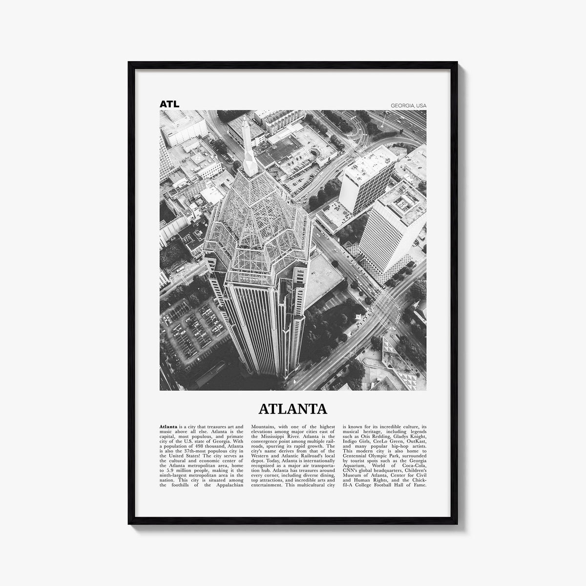 Atlanta no. 3 black & white newspaper poster of Georgia, USA – vertical wall art, unframed print shown in interior mockup