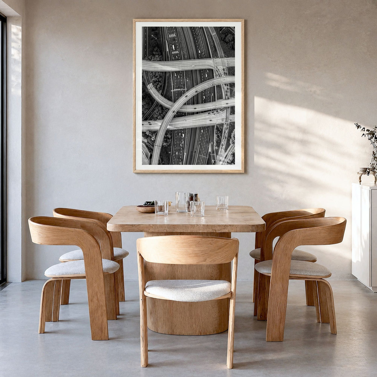 Atlanta Photo No 3 Poster in a natural wood frame, hanging in a dining room, white border