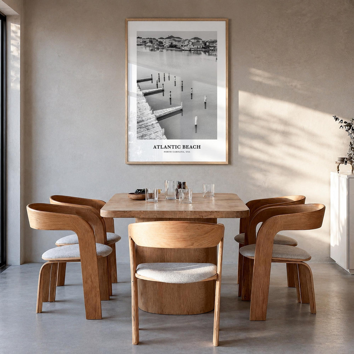 Atlantic Beach black & white classic poster of North Carolina, USA – vertical wall art in natural wood frame, hanging on wall