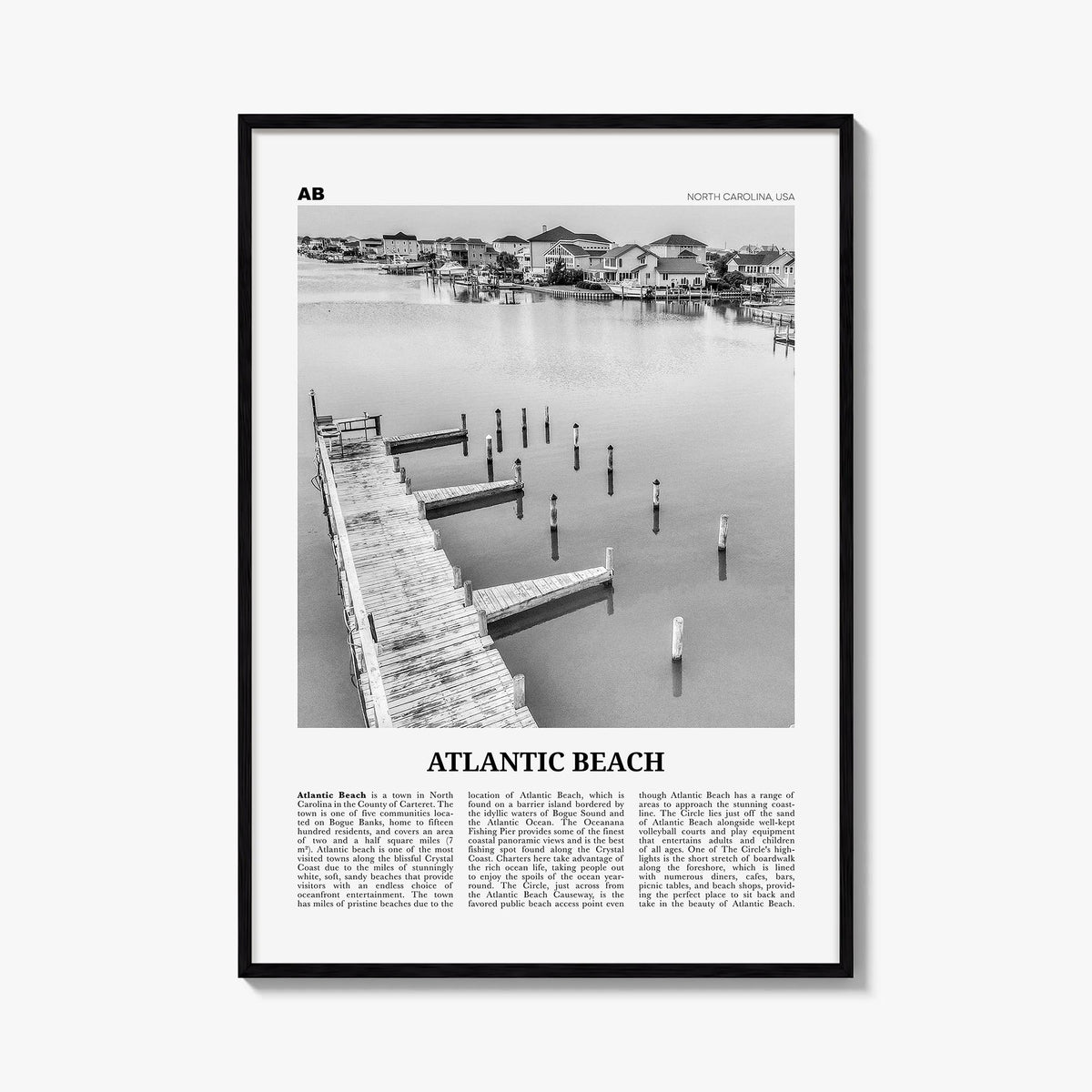 Atlantic Beach black & white newspaper poster of North Carolina, USA – vertical wall art, unframed print shown in interior mo
