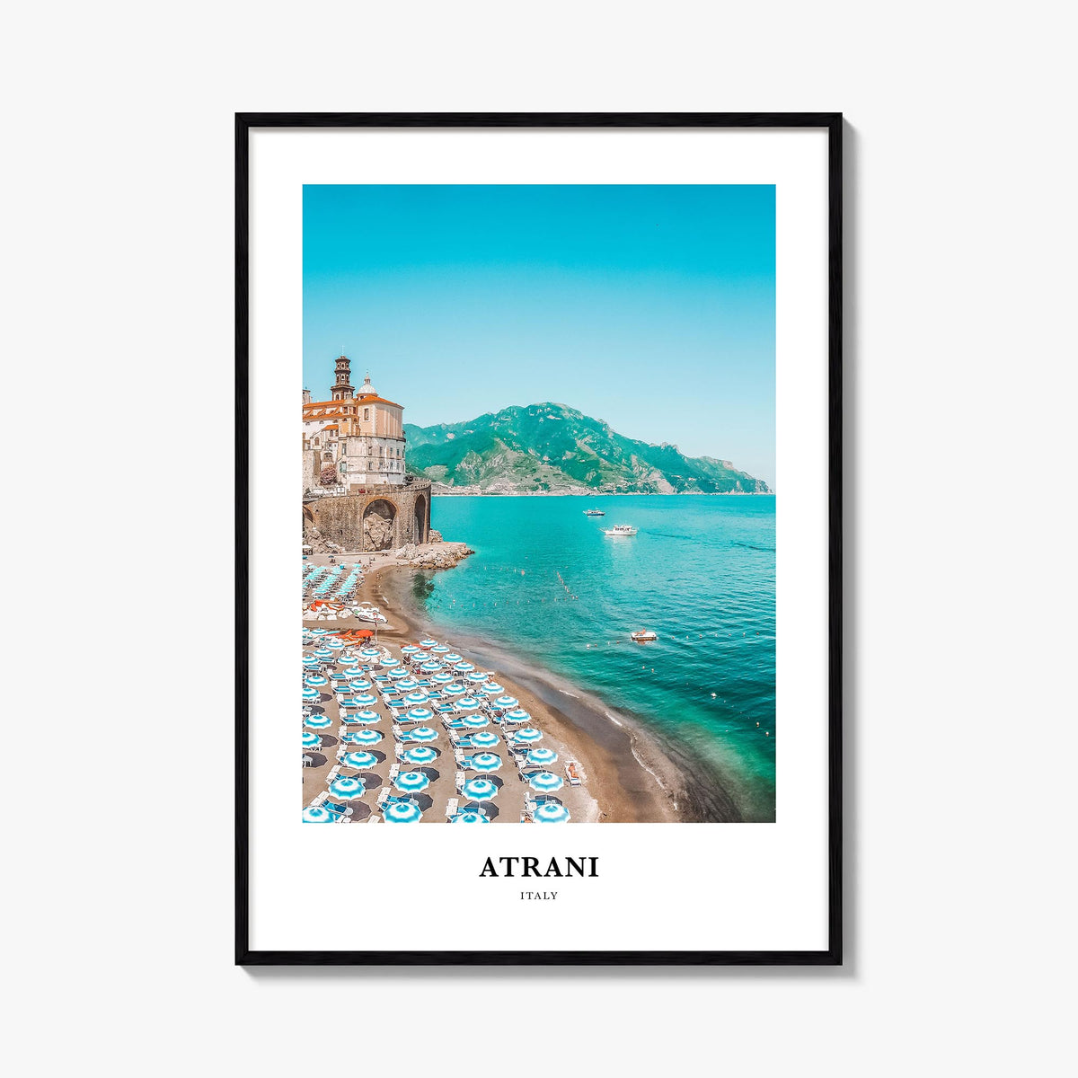 Atrani colorful classic poster of Italy – vertical wall art, unframed print shown in interior mockup