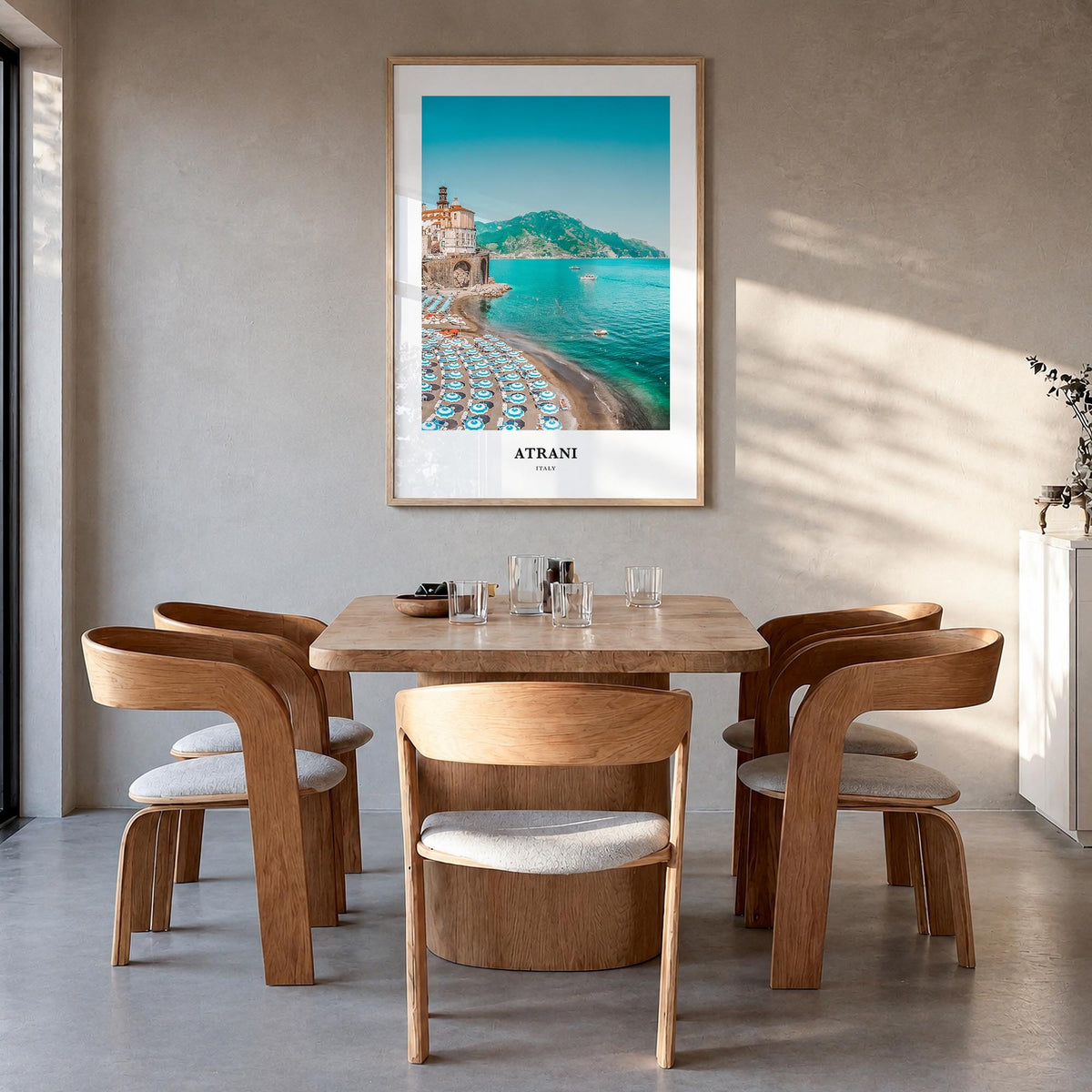 Atrani colorful classic poster of Italy – vertical wall art in natural wood frame, hanging on wall