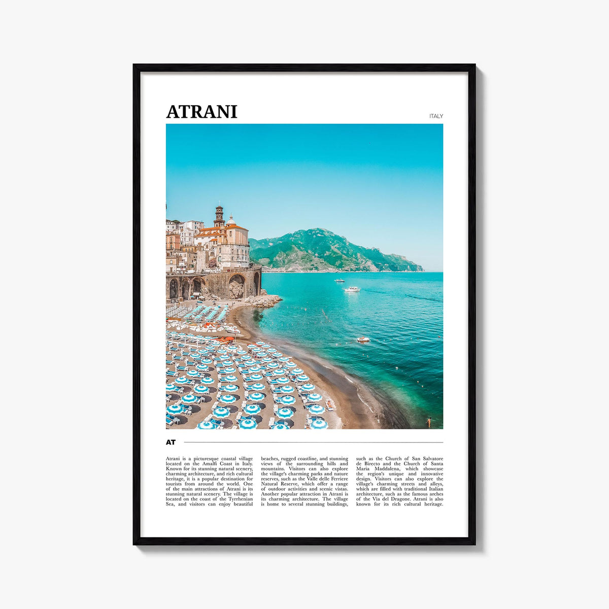 Atrani colorful travel poster of Italy – vertical wall art, unframed print shown in interior mockup