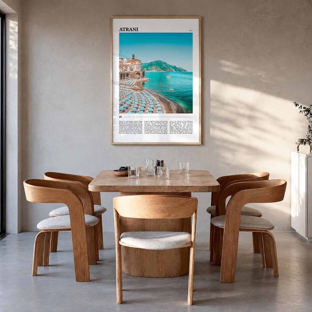 Atrani colorful travel poster of Italy – vertical wall art in natural wood frame, hanging on wall