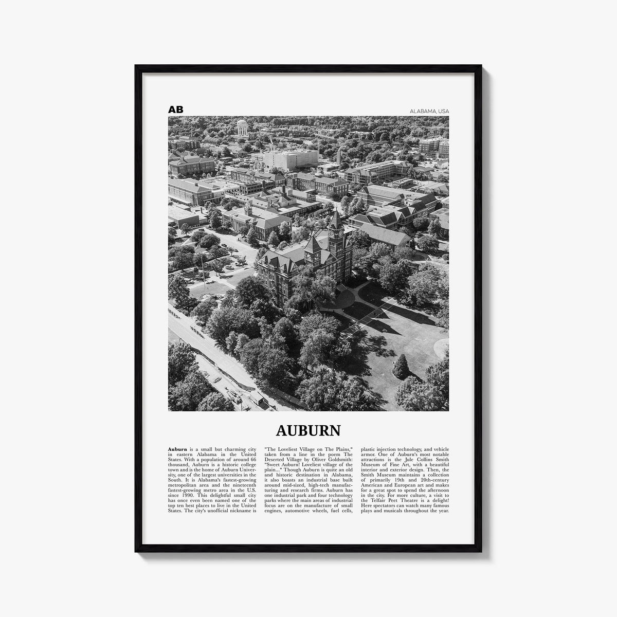 Auburn, Alabama black & white newspaper poster of Alabama, USA – vertical wall art, unframed print shown in interior mockup