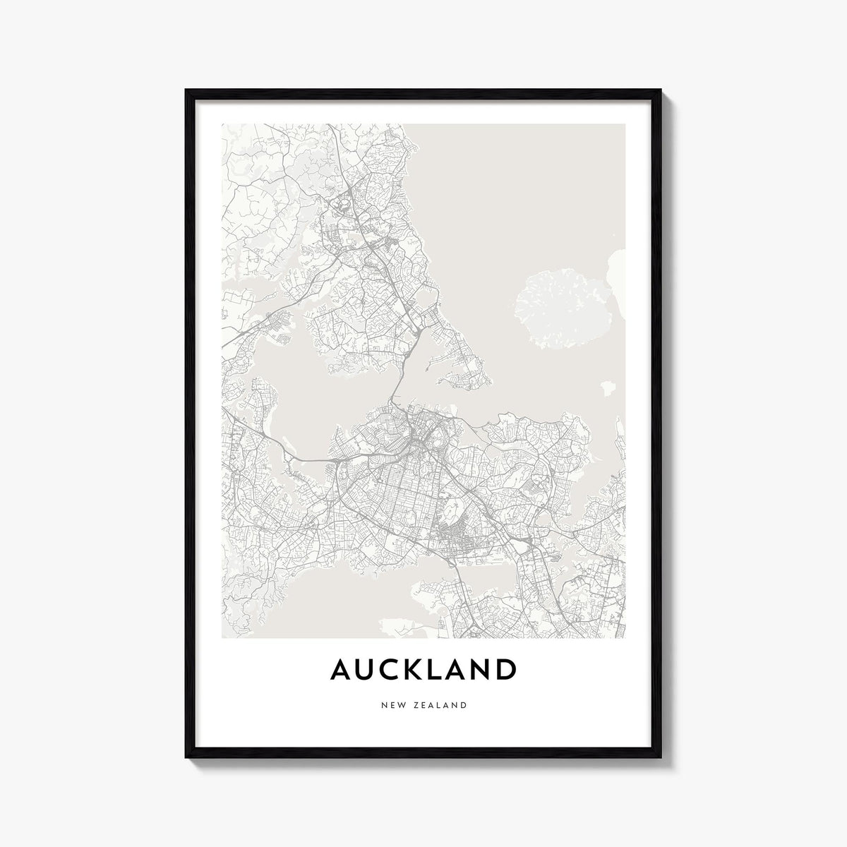 Auckland black & white map poster of New Zealand – vertical wall art, unframed print shown in interior mockup