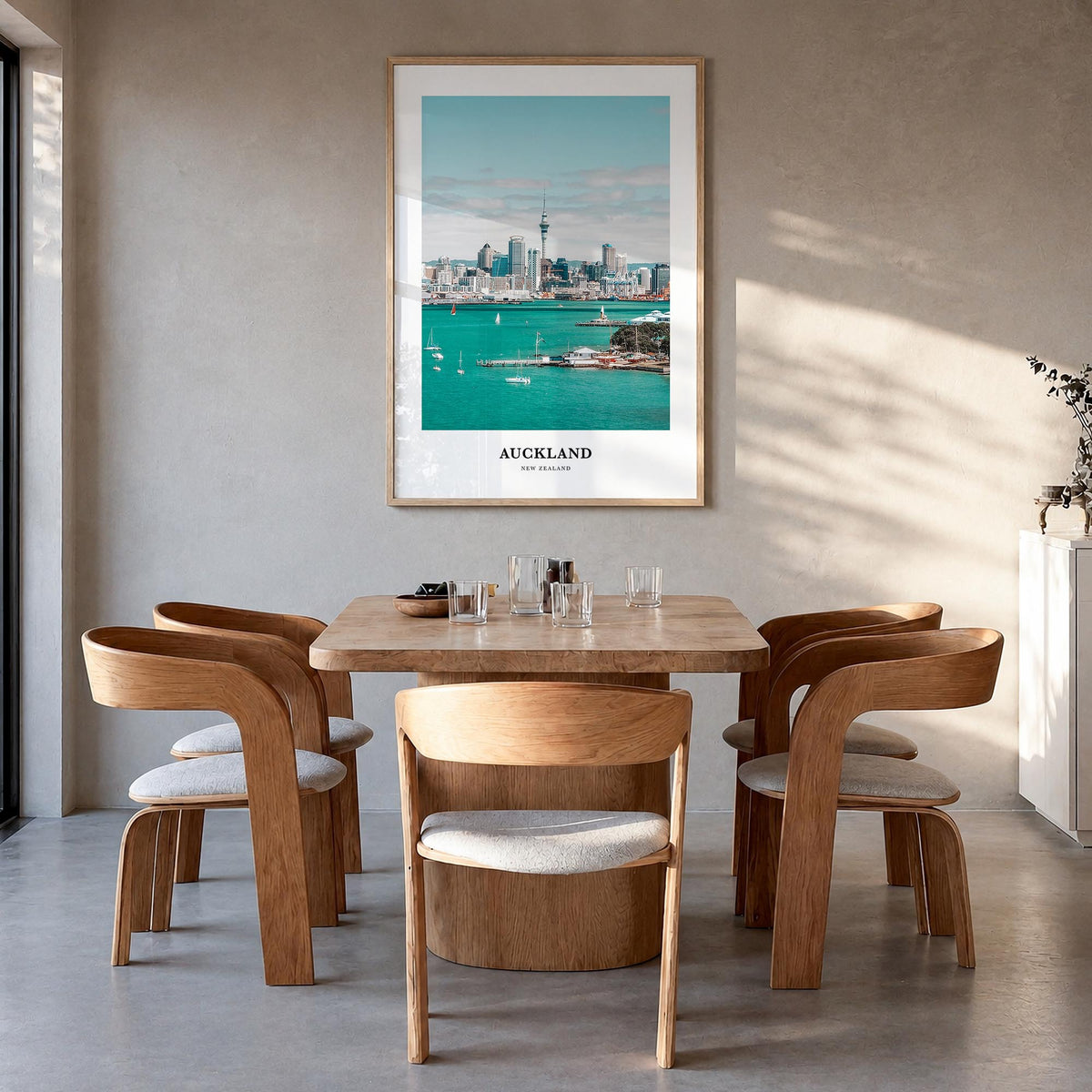 Auckland colorful classic poster of New Zealand – vertical wall art in natural wood frame, hanging on wall