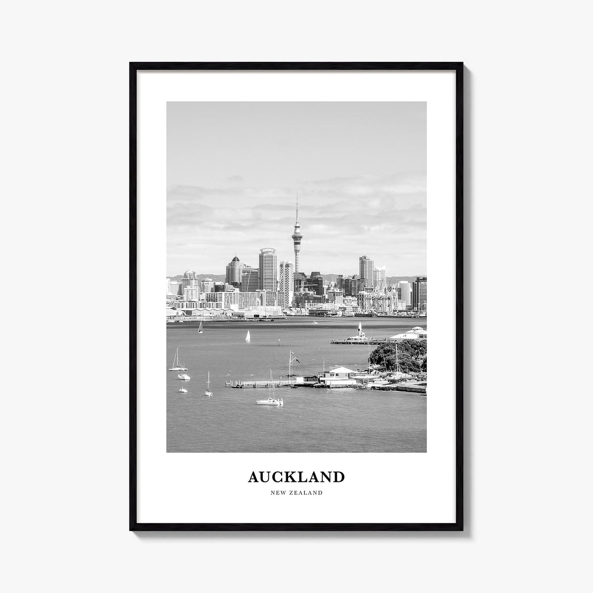 Auckland no. 2 black & white classic poster of New Zealand – vertical wall art, unframed print shown in interior mockup