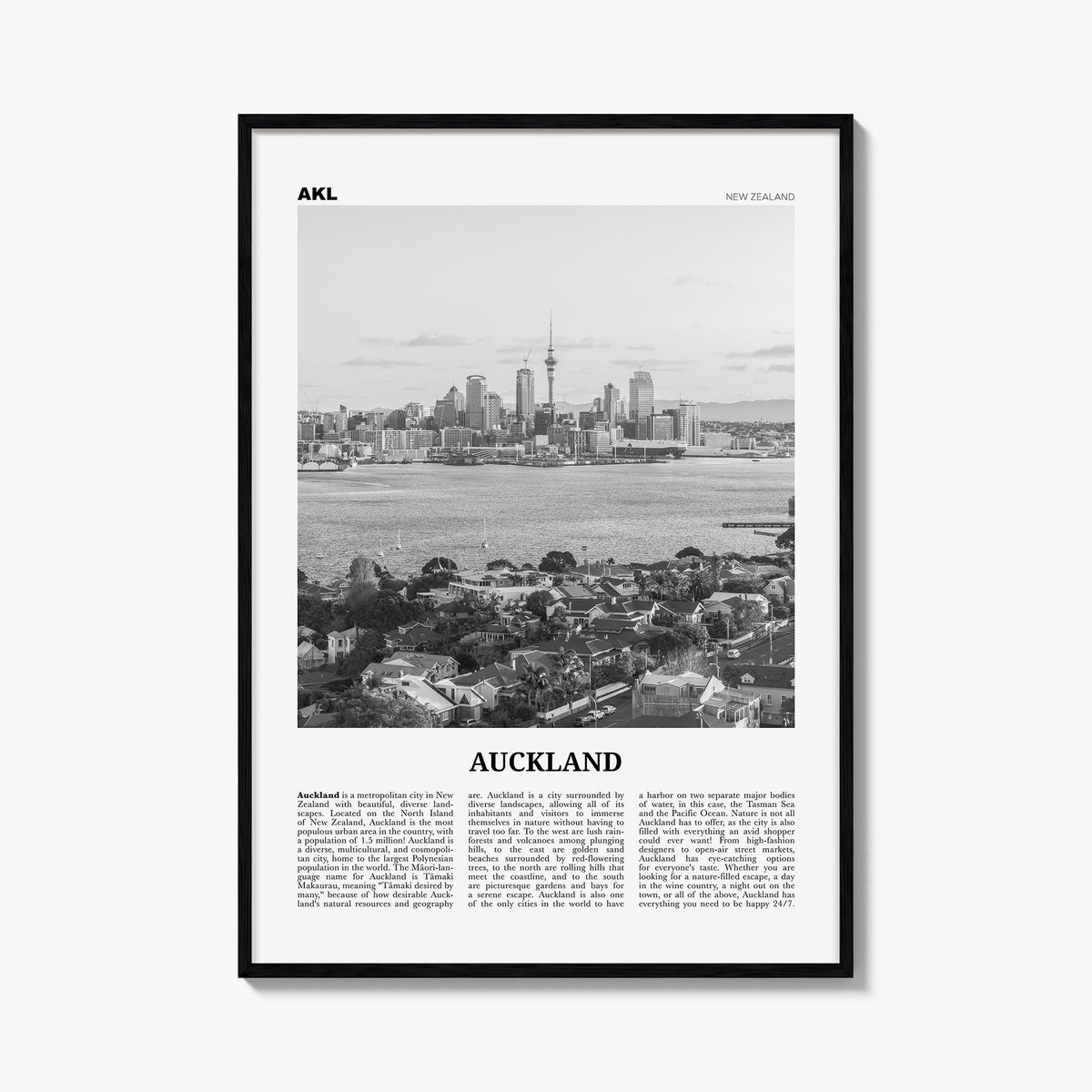 Auckland no. 2 black & white newspaper poster of New Zealand – vertical wall art, unframed print shown in interior mockup