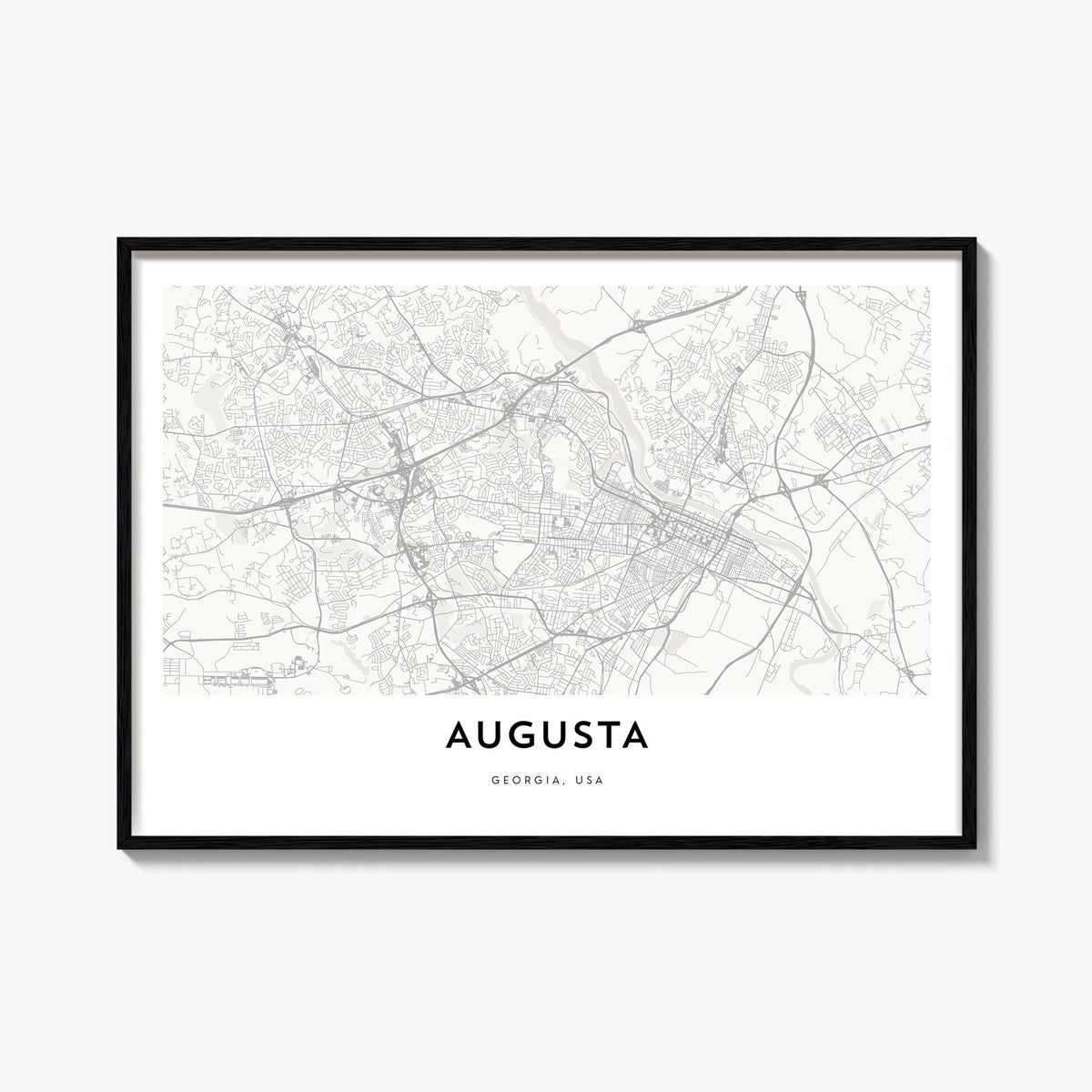 Augusta black & white map poster of Georgia, USA – horizontal wall art, unframed print shown in interior mockup