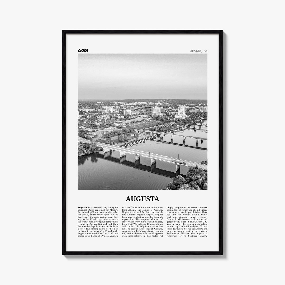 Augusta black & white newspaper poster of Georgia, USA – vertical wall art, unframed print shown in interior mockup