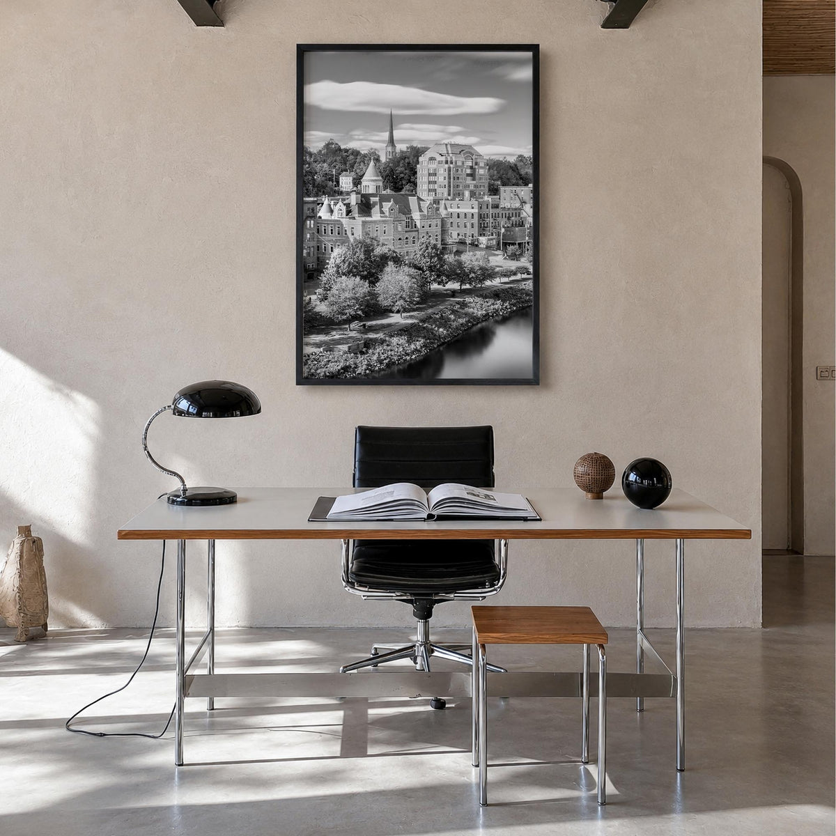 Augusta black & white photo poster of Georgia, USA – vertical wall art in black wood frame, hanging on wall