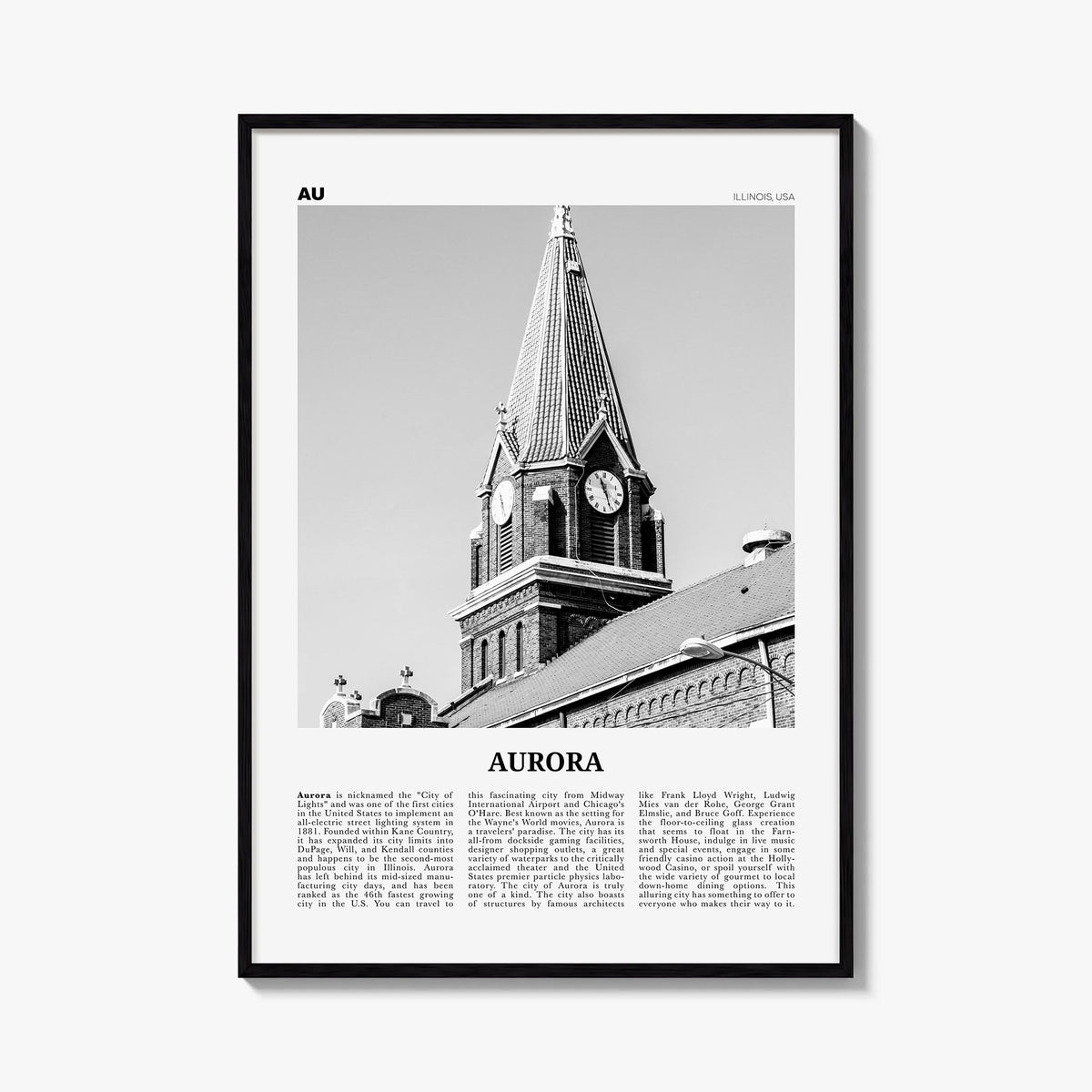 Aurora, Illinois black & white newspaper poster of Illinois, USA – vertical wall art, unframed print shown in interior mockup