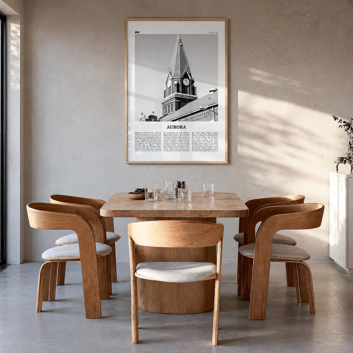 Aurora, Illinois black & white newspaper poster of Illinois, USA – vertical wall art in natural wood frame, hanging on wall