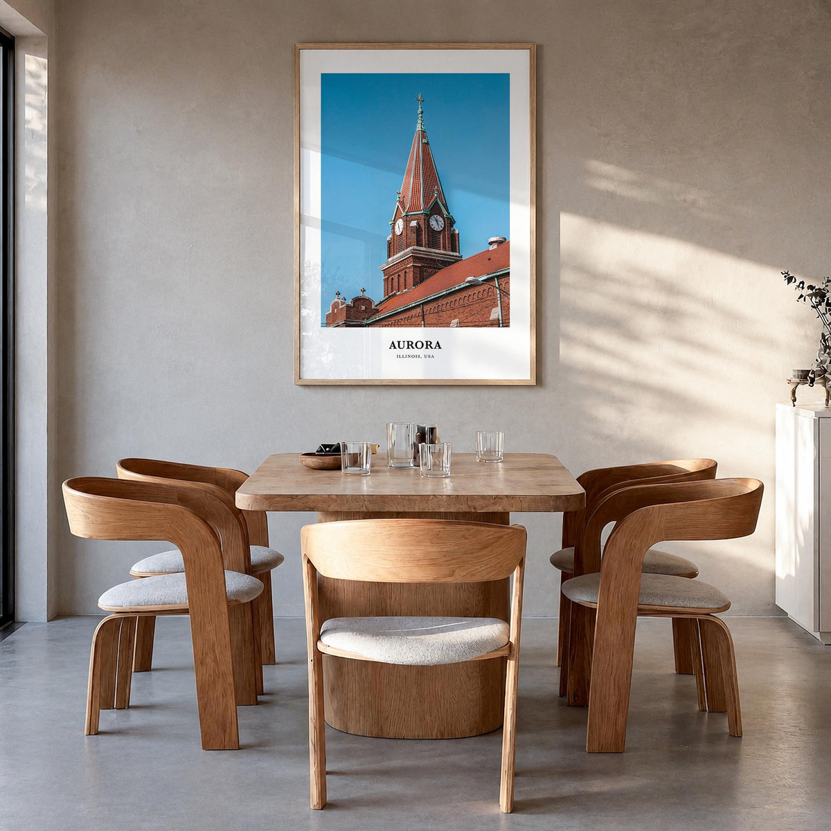 Aurora, Illinois colorful classic poster of Illinois, USA – vertical wall art in natural wood frame, hanging on wall