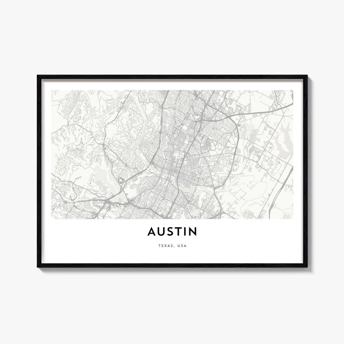 Austin black & white map poster of Texas, USA – horizontal wall art, unframed print shown in interior mockup