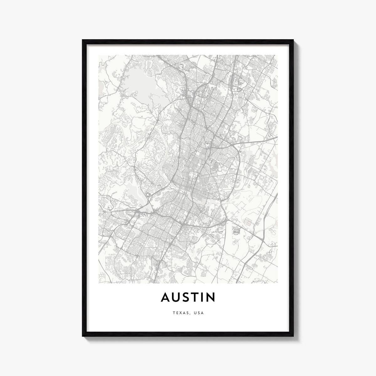 Austin black & white map poster of Texas, USA – vertical wall art, unframed print shown in interior mockup