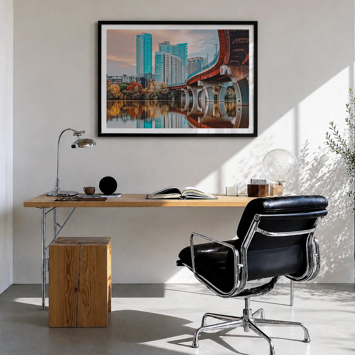 Austin colorful photo poster of Texas, USA – horizontal wall art in black wood frame with white border, hanging on wall