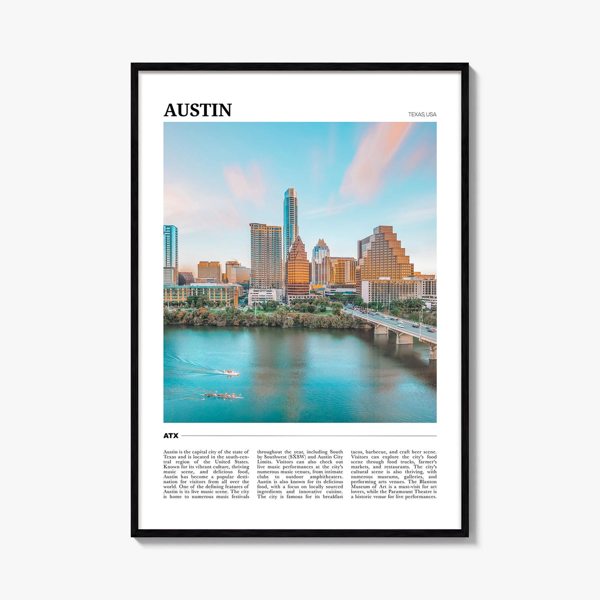 Austin colorful travel poster of Texas, USA – vertical wall art, unframed print shown in interior mockup