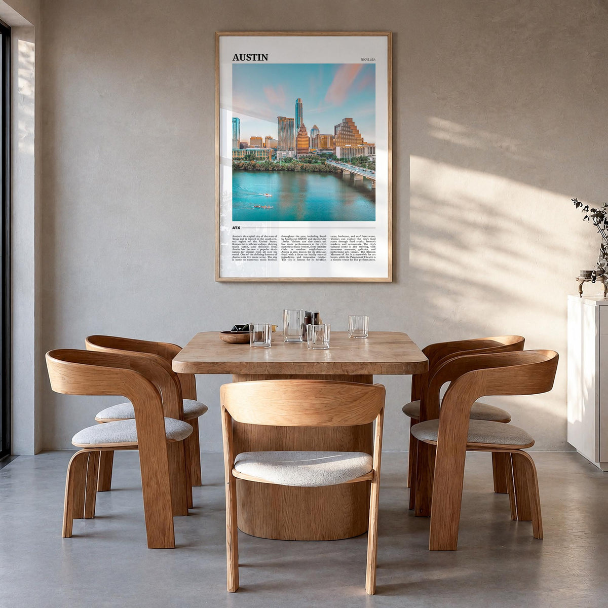 Austin colorful travel poster of Texas, USA – vertical wall art in natural wood frame, hanging on wall