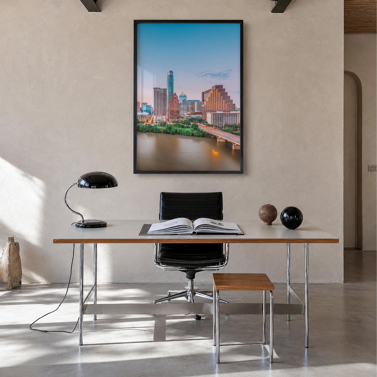 Austin no. 1 colorful photo poster of Texas, USA – vertical wall art in black wood frame, hanging on wall