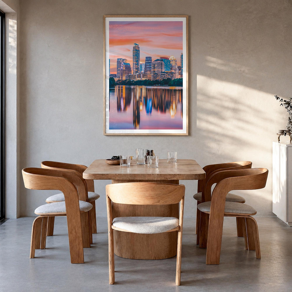 Austin no. 2 colorful photo poster of Texas, USA – vertical wall art in natural wood frame with white border, hanging on wall