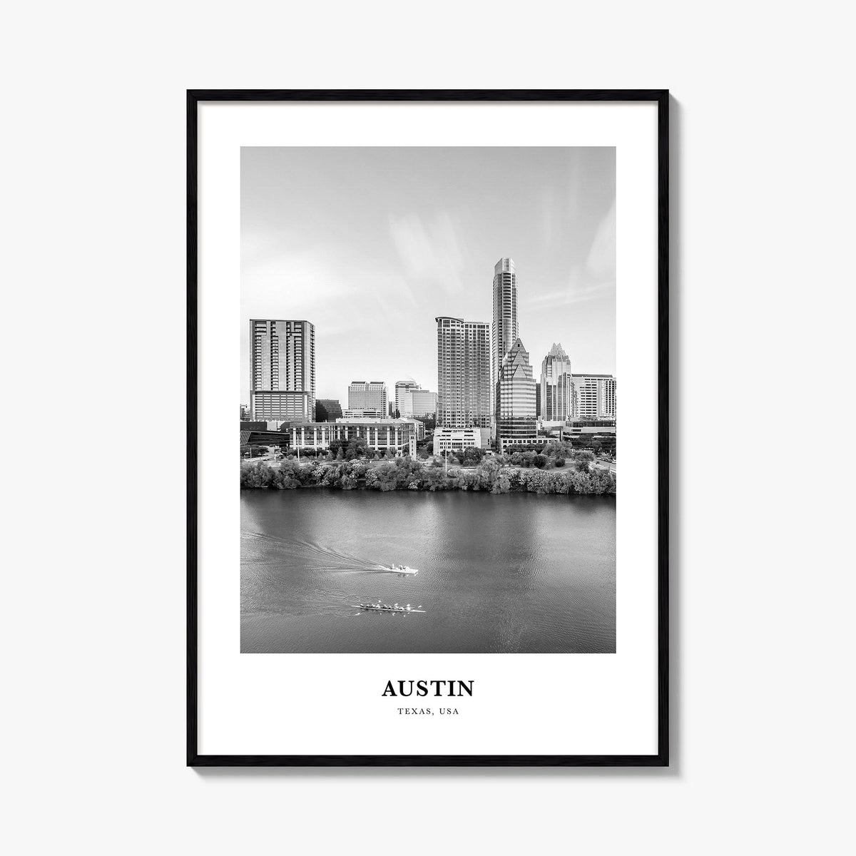 Austin no. 3 black & white classic poster of Texas, USA – vertical wall art, unframed print shown in interior mockup