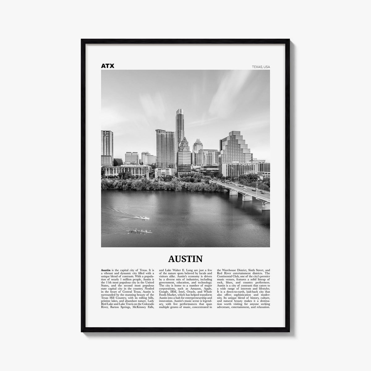 Austin no. 3 black & white newspaper poster of Texas, USA – vertical wall art, unframed print shown in interior mockup
