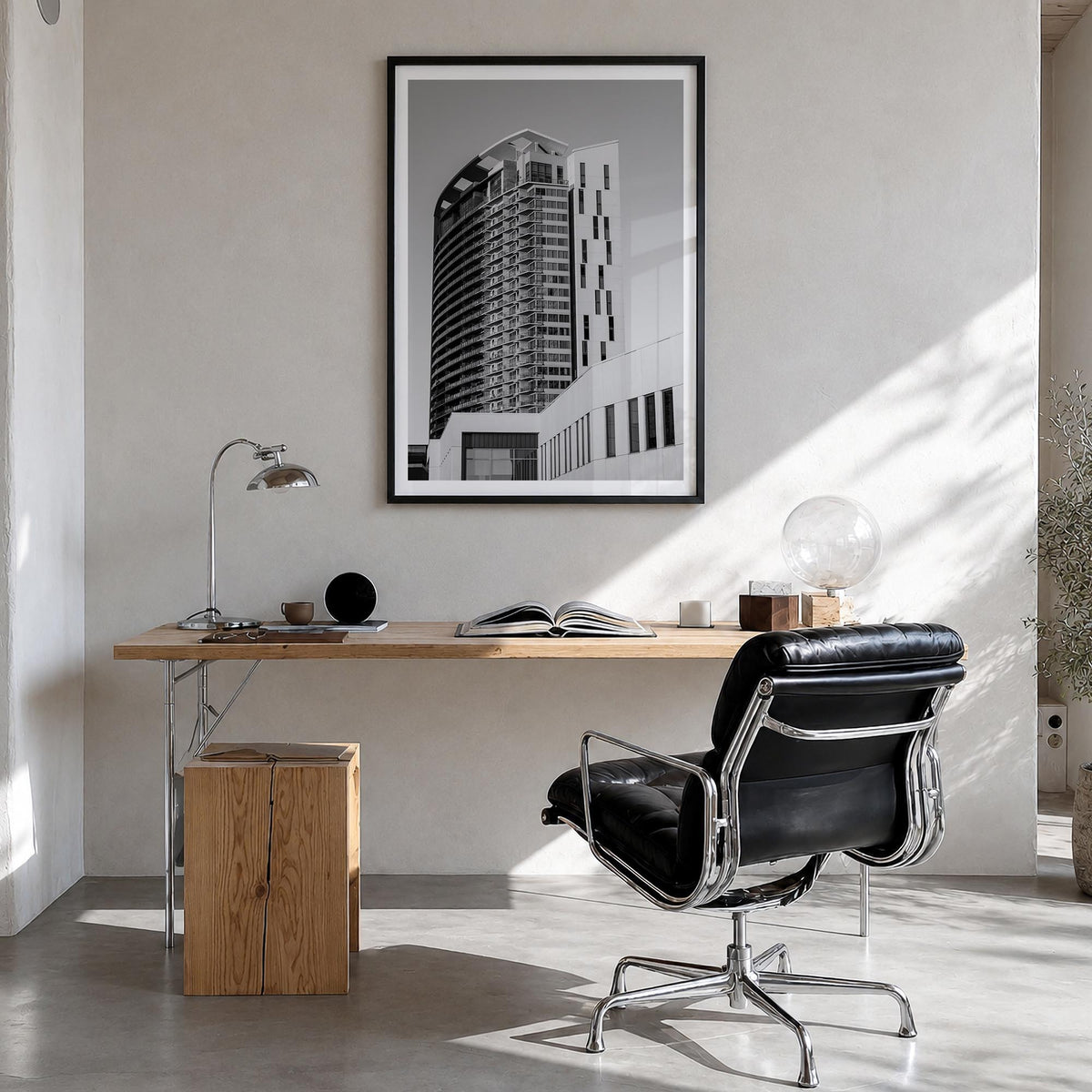 Austin no. 3 black & white photo poster of Texas, USA – vertical wall art in black wood frame with white border, hanging on w