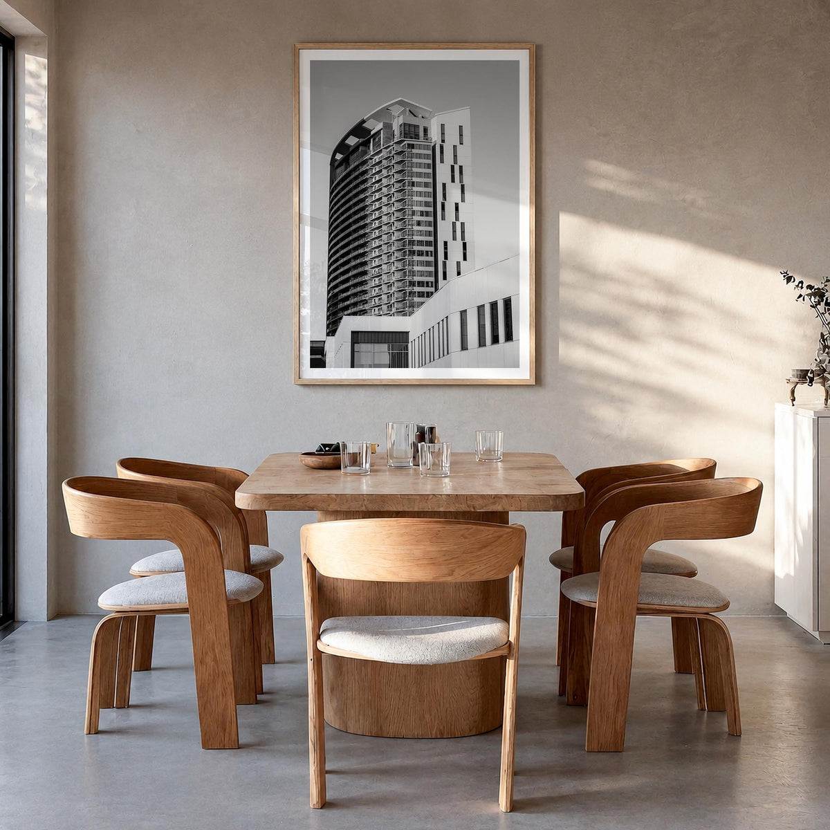 Austin no. 3 black & white photo poster of Texas, USA – vertical wall art in natural wood frame with white border, hanging on