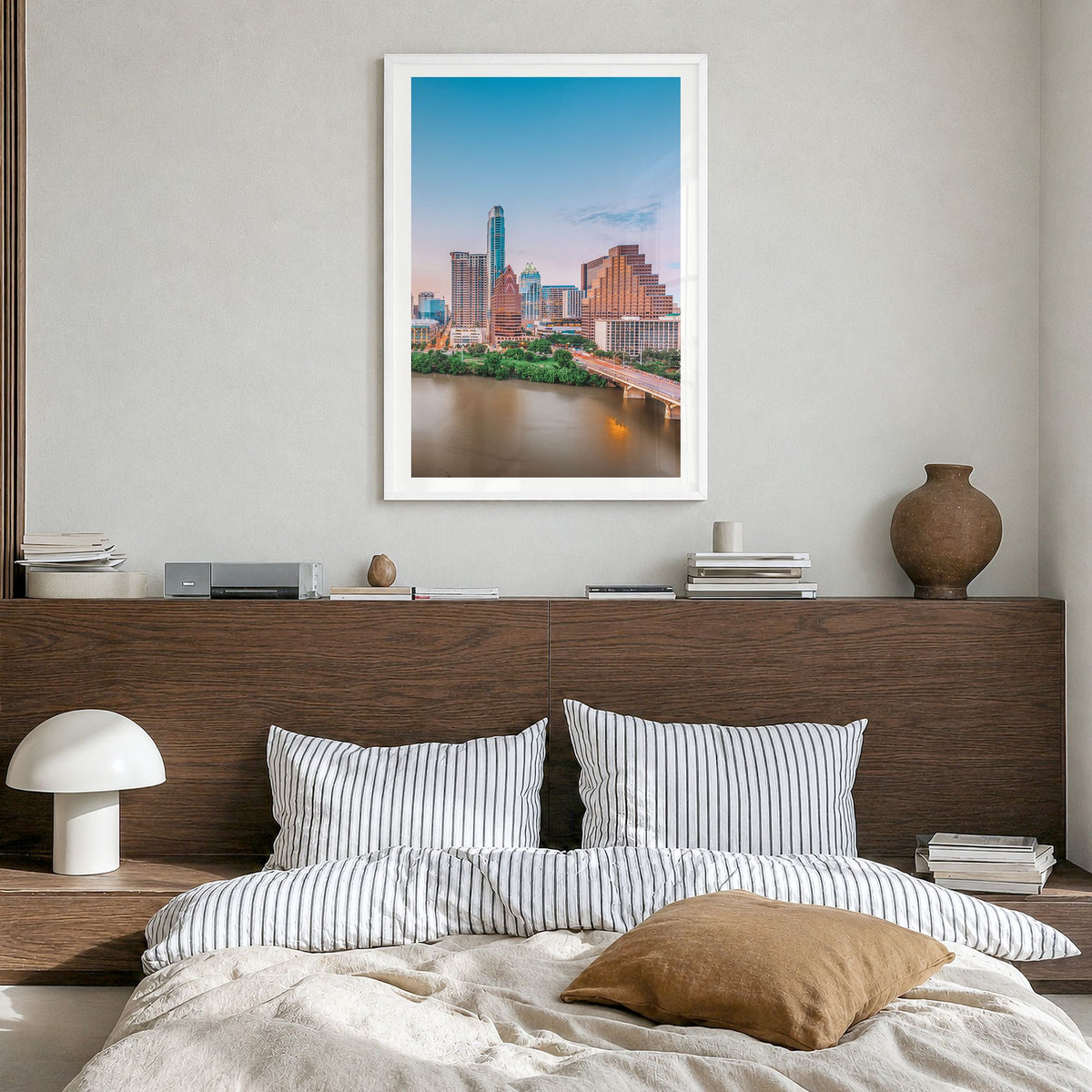 Austin Photo No 1 Poster in a white wood frame, hanging in a bedroom, white border