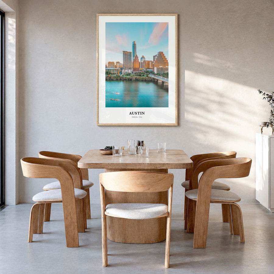 Austin Classic Poster in a natural wood frame, hanging in a dining room