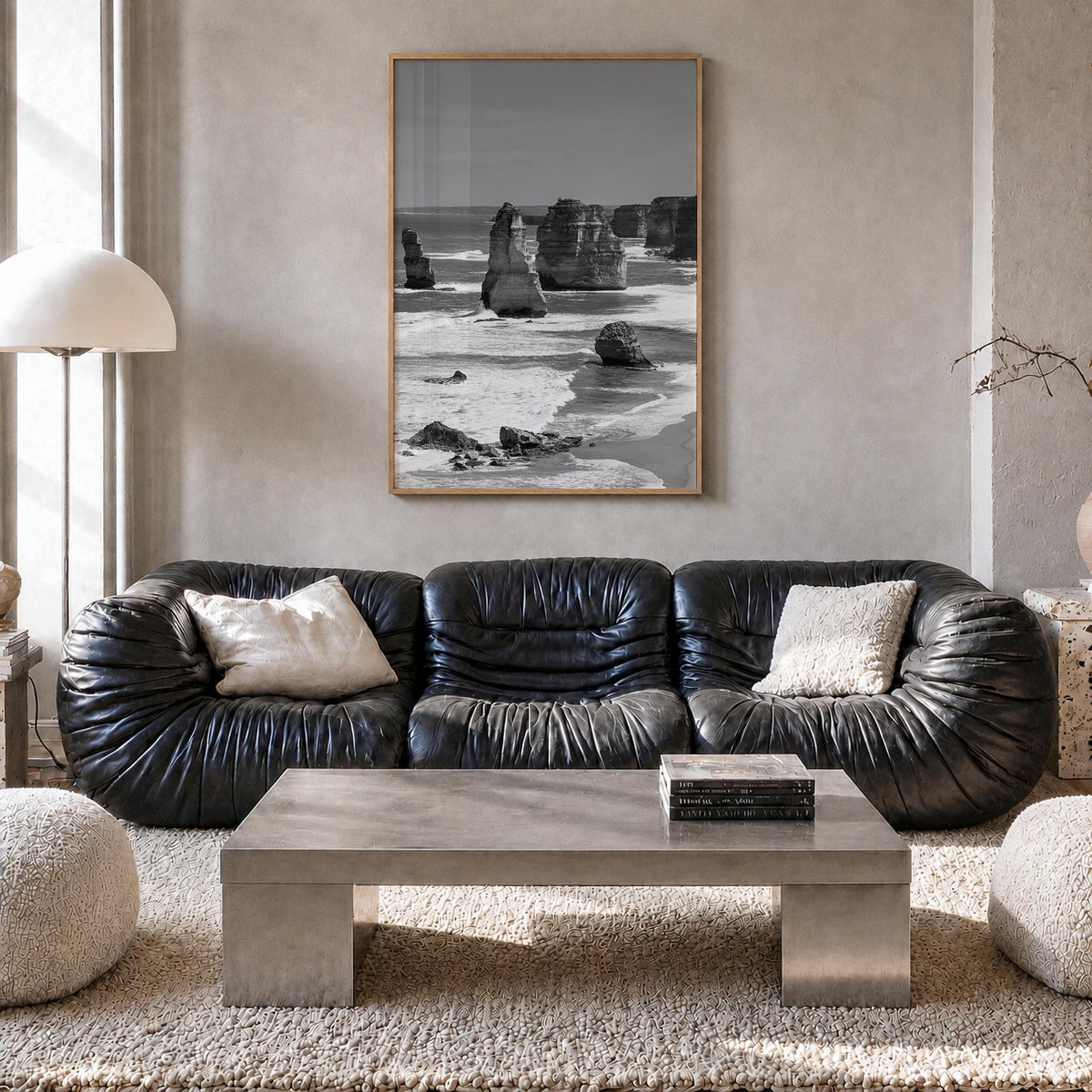 Australia black & white photo poster of Oceania – vertical wall art in natural wood frame, hanging on wall