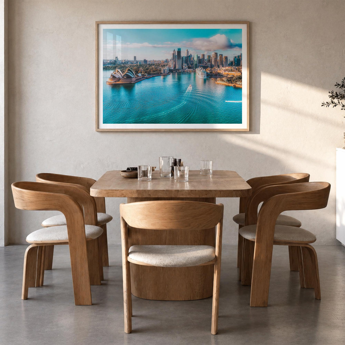 Australia colorful photo poster of Oceania – horizontal wall art in natural wood frame with white border, hanging on wall
