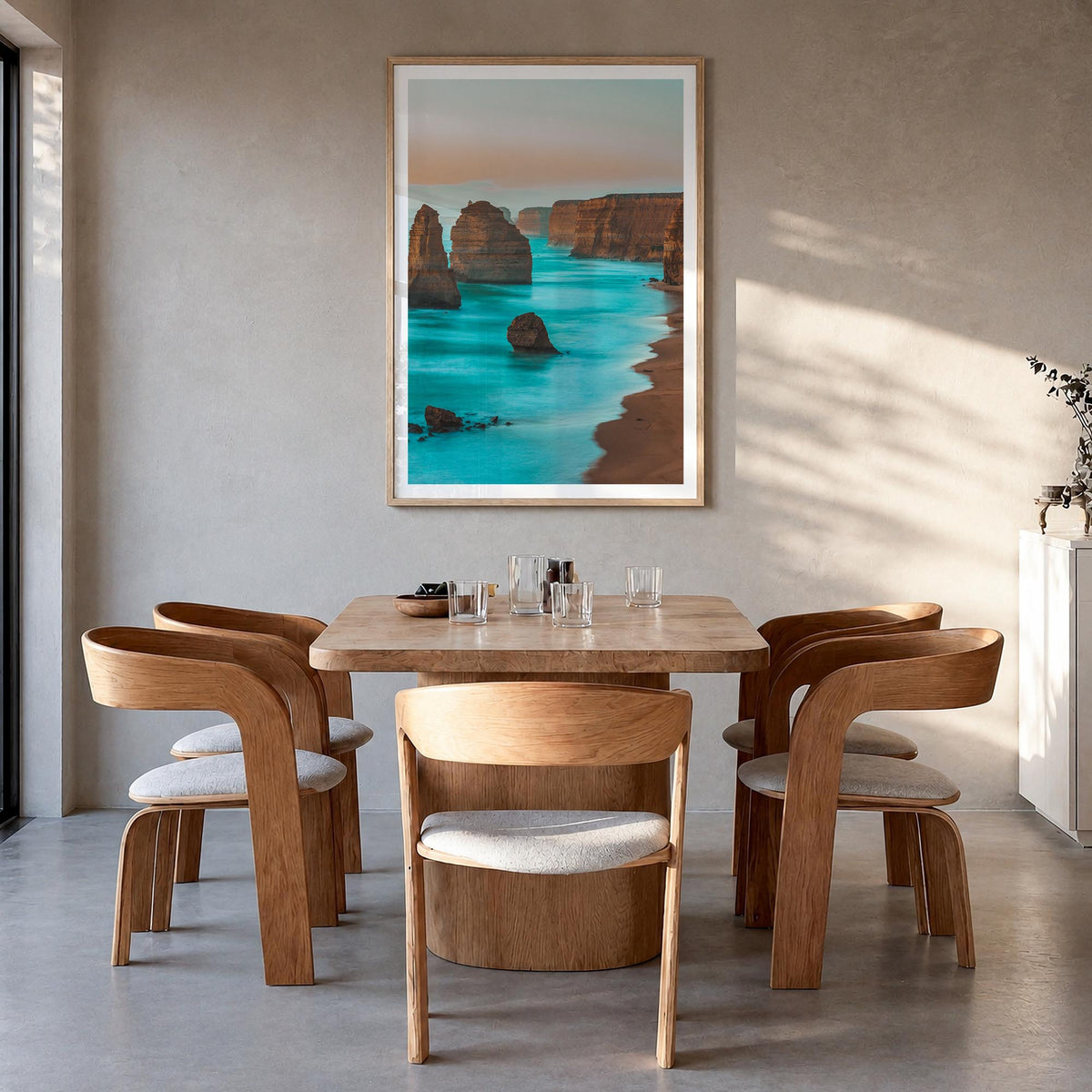 Australia colorful photo poster of Oceania – vertical wall art in natural wood frame with white border, hanging on wall