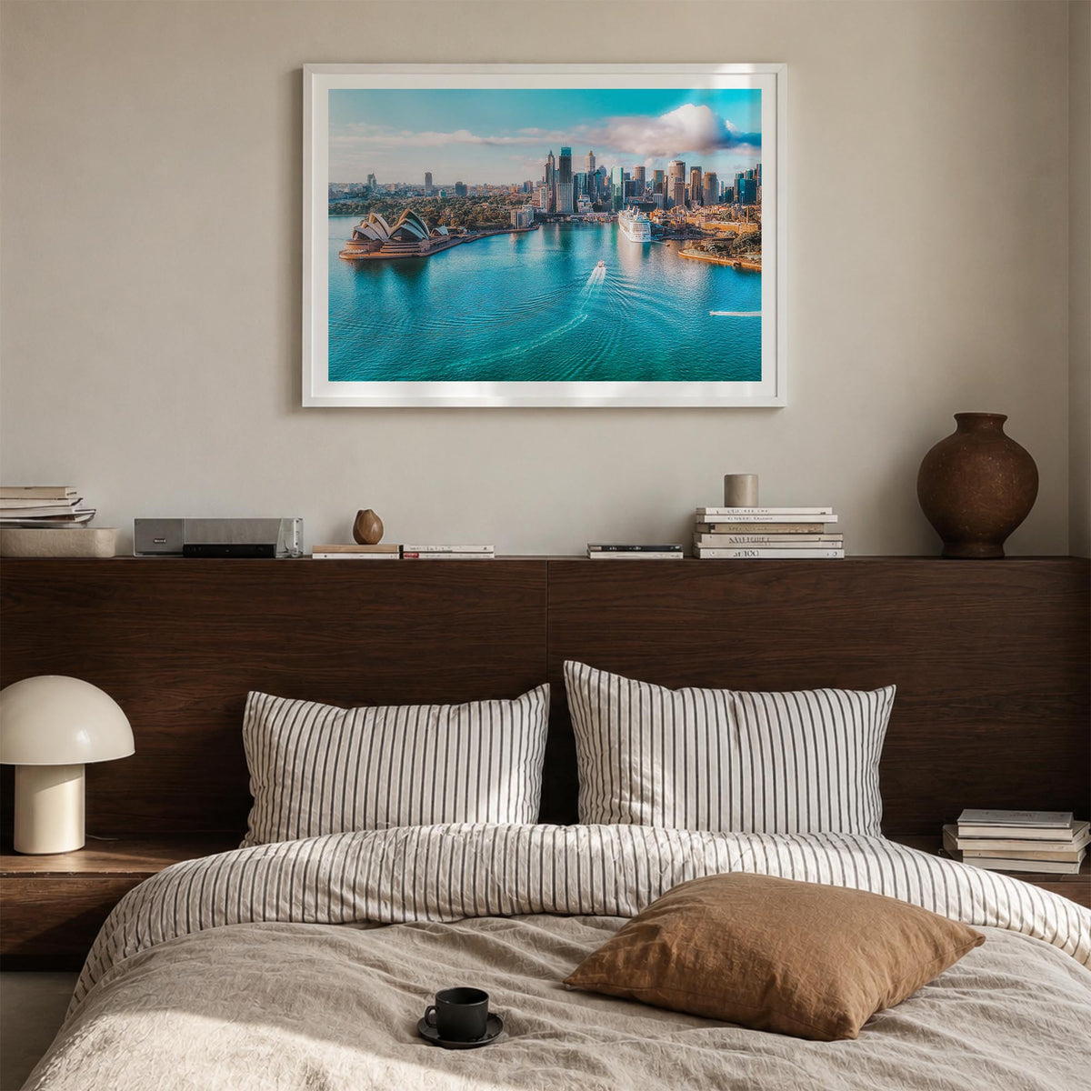 Australia colorful photo poster of Oceania – horizontal wall art in white wood frame with white border, hanging on wall