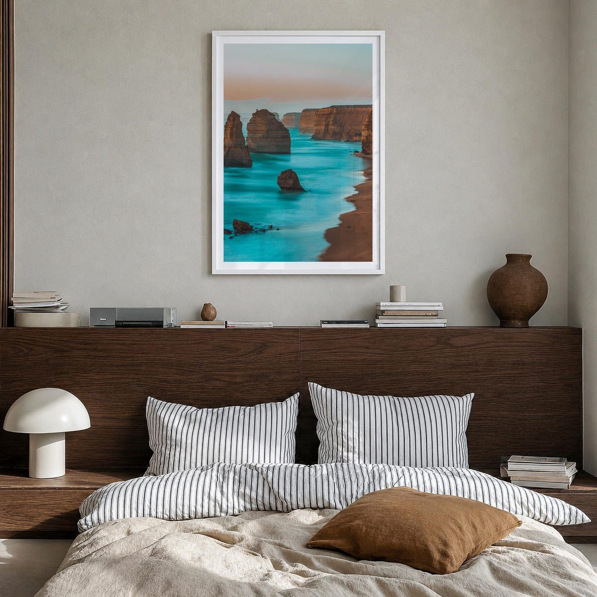 Australia colorful photo poster of Oceania – vertical wall art in white wood frame with white border, hanging on wall