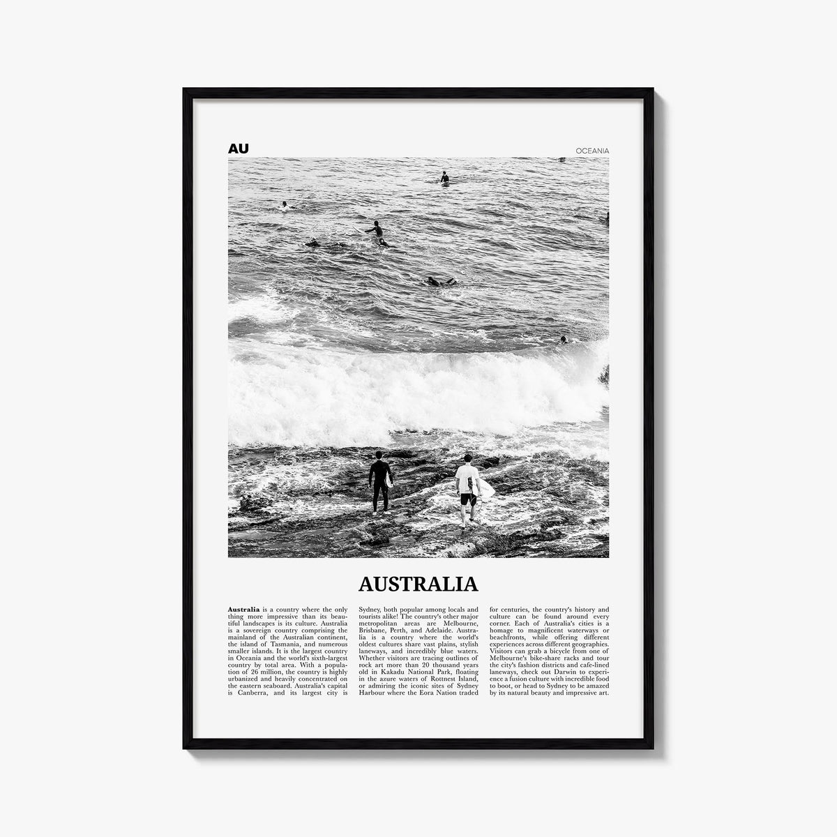 Australia no. 1 black & white newspaper poster of Oceania – vertical wall art, unframed print shown in interior mockup