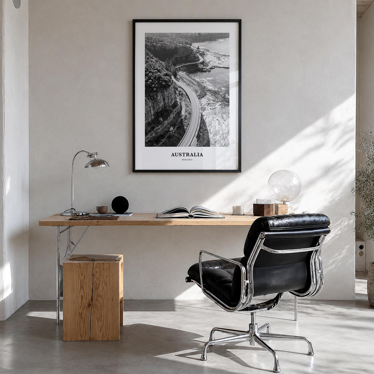 Australia no. 2 black & white classic poster of Oceania – vertical wall art in black wood frame, hanging on wall