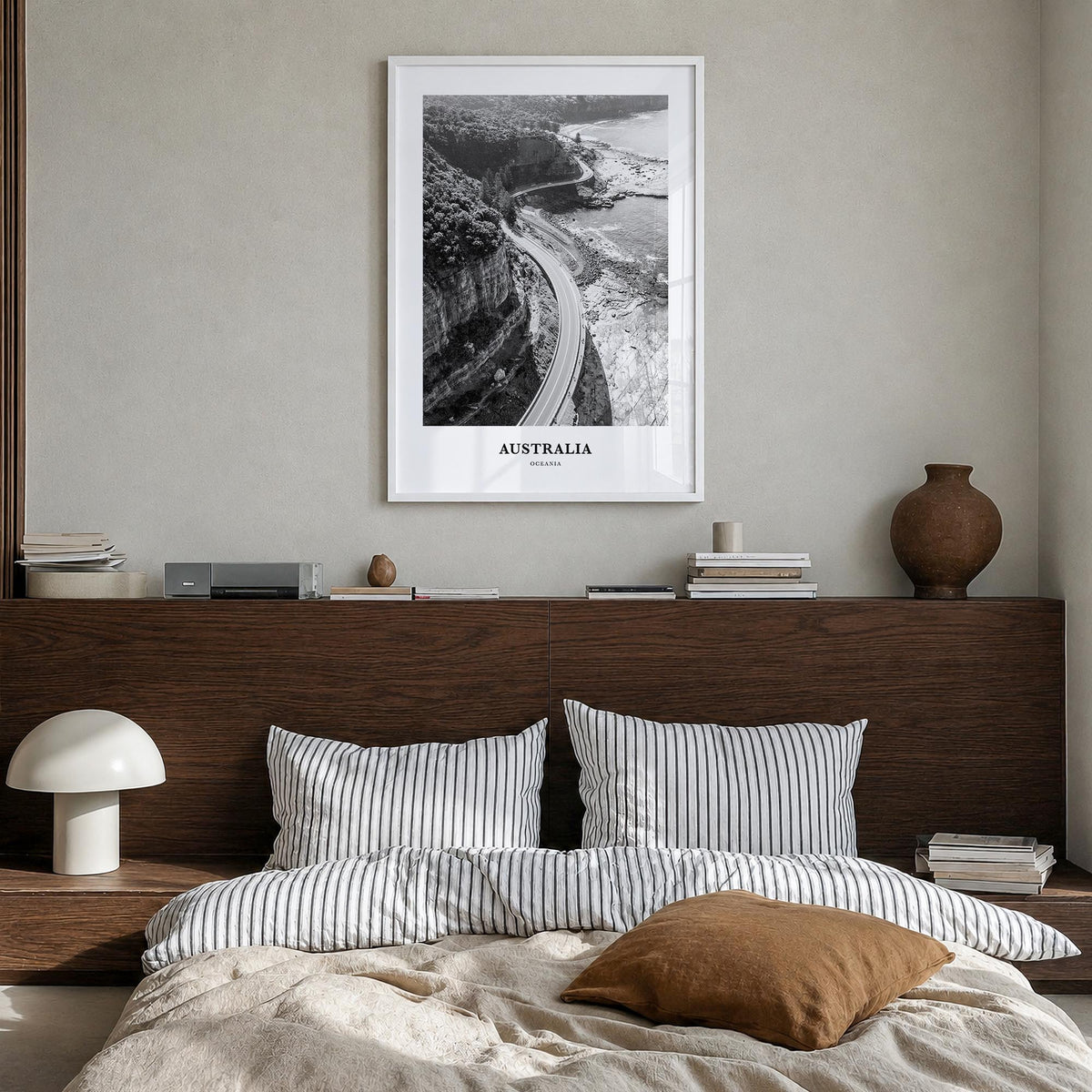 Australia no. 2 black & white classic poster of Oceania – vertical wall art in white wood frame, hanging on wall