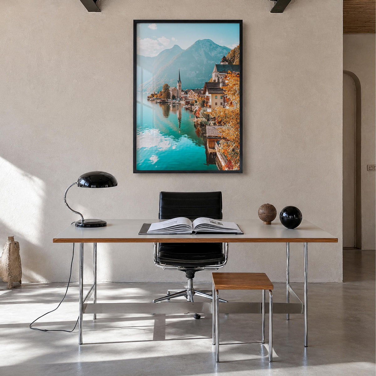 Austria colorful photo poster of Europe – vertical wall art in black wood frame, hanging on wall