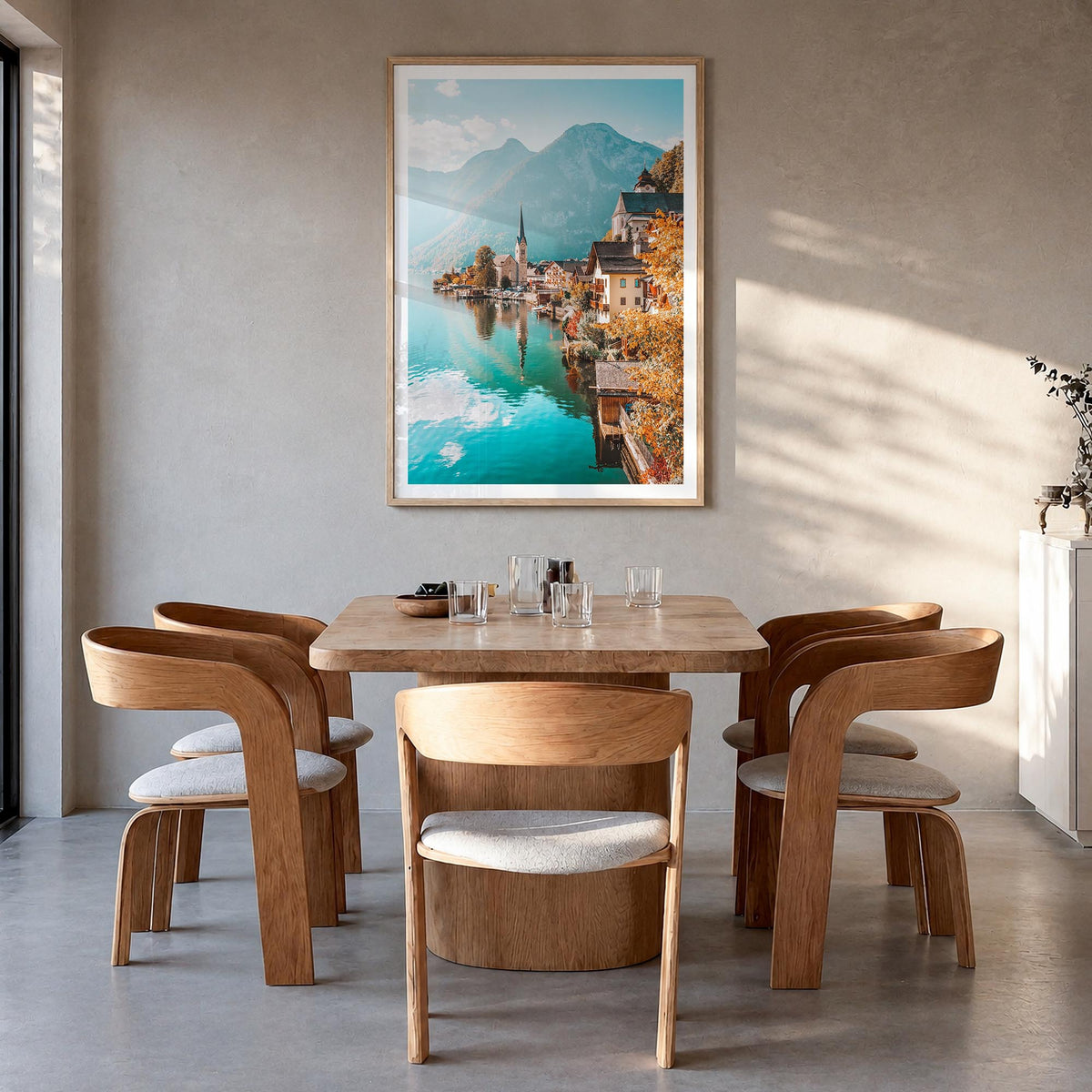 Austria colorful photo poster of Europe – vertical wall art in natural wood frame with white border, hanging on wall