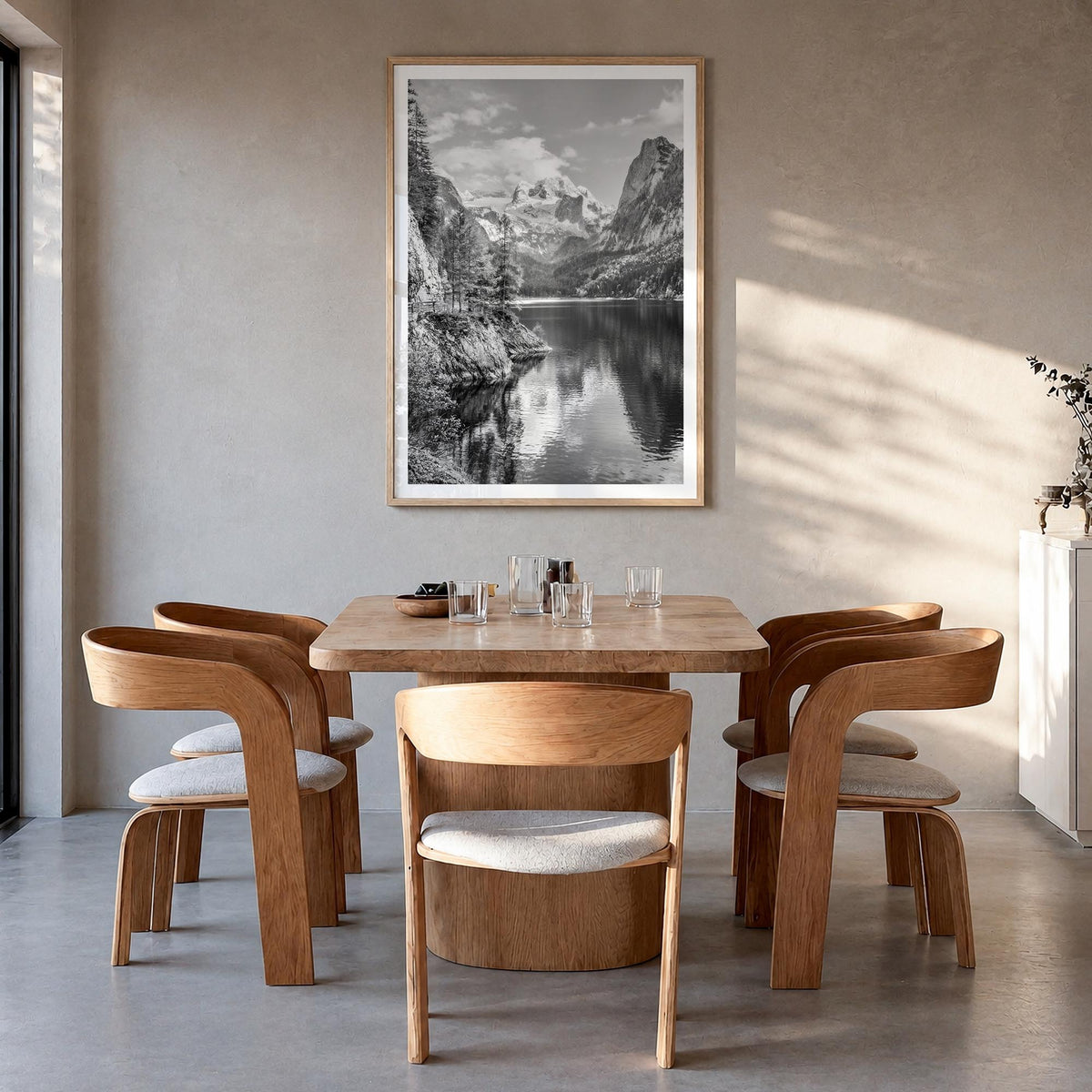 Austria no. 2 black & white photo poster of Europe – vertical wall art in natural wood frame with white border, hanging on wa