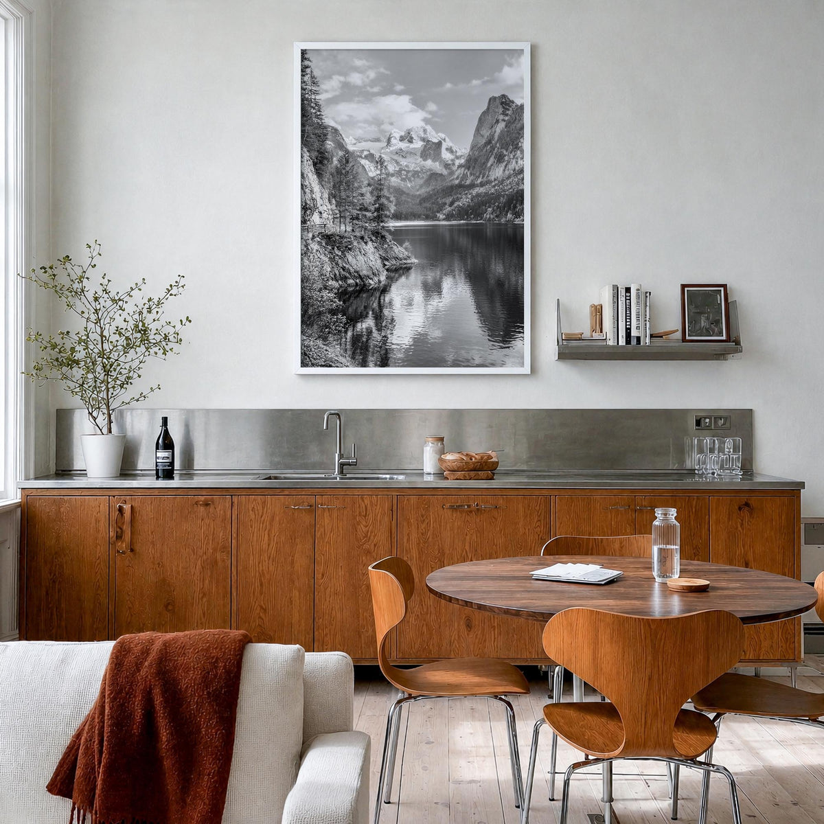 Austria no. 2 black & white photo poster of Europe – vertical wall art in white wood frame, hanging on wall