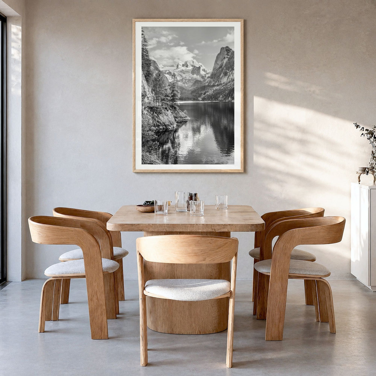 Austria Photo No 1 Poster in a natural wood frame, hanging in a dining room, white border