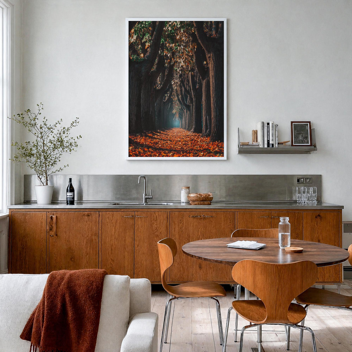 Autumn Morning Walk colorful photo poster – vertical wall art in white wood frame, hanging on wall