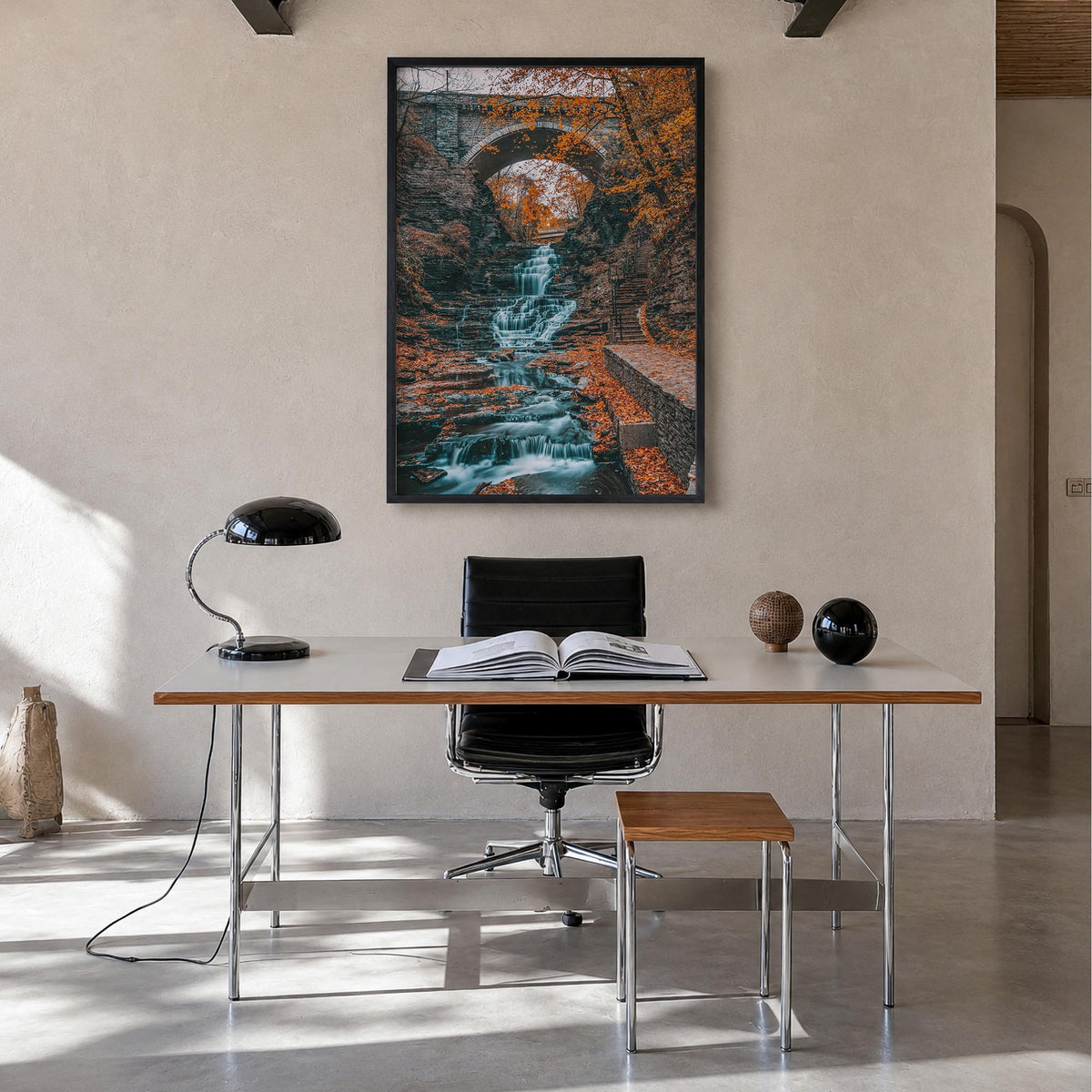 Autumn Waterfall no. 1 colorful photo poster – vertical wall art in black wood frame, hanging on wall