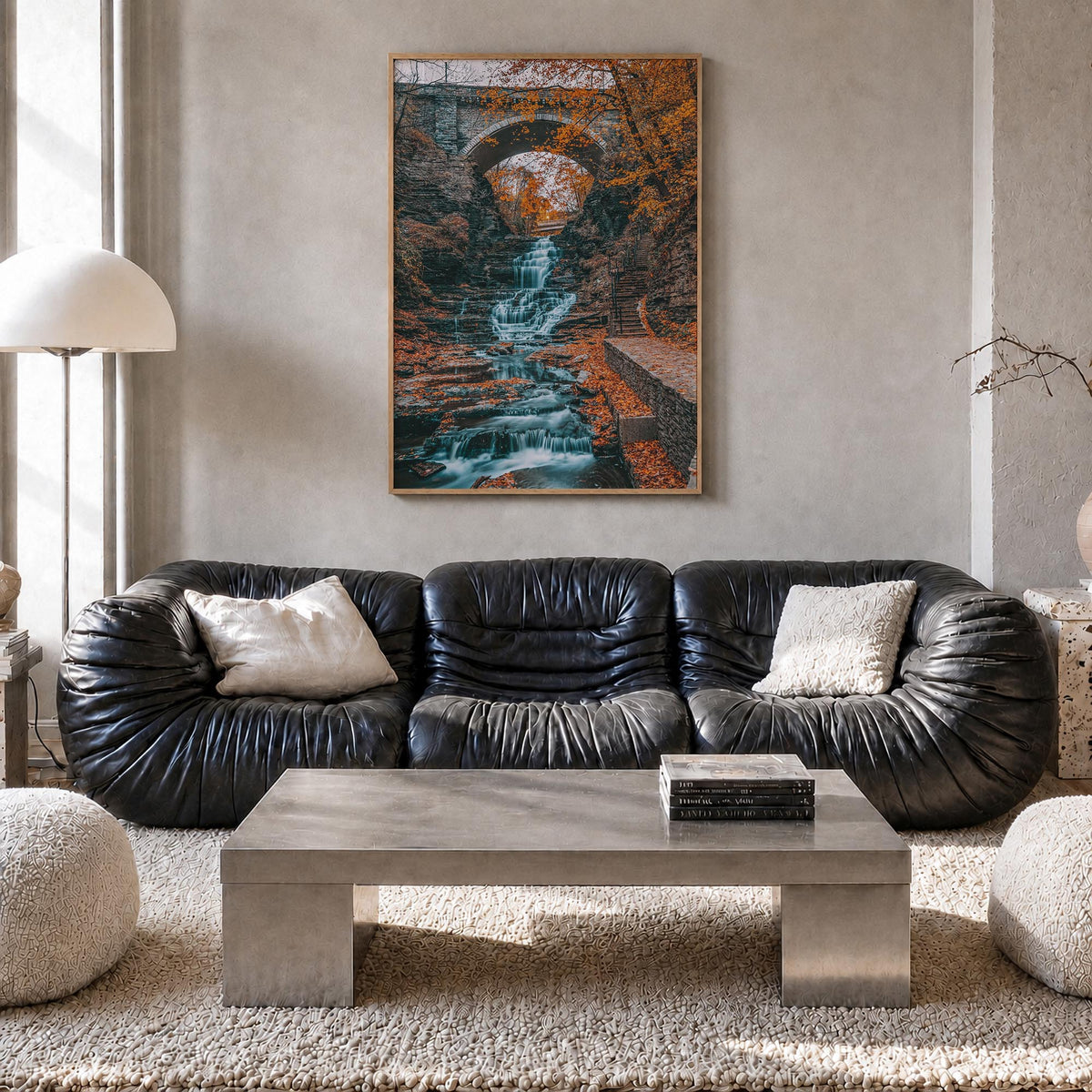 Autumn Waterfall no. 1 colorful photo poster – vertical wall art in natural wood frame, hanging on wall