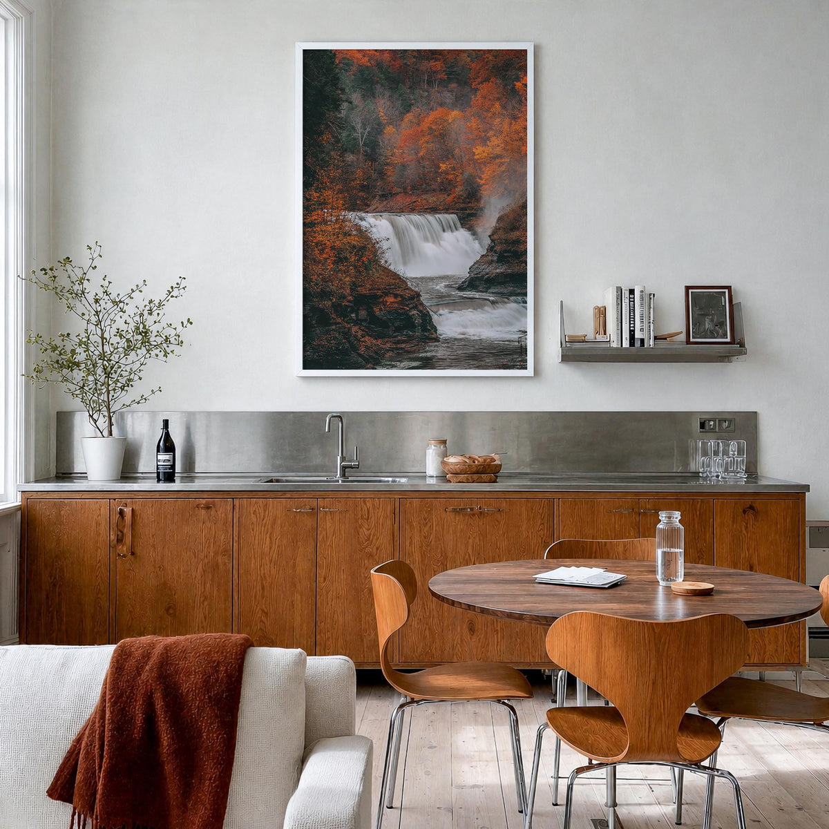 Autumn Waterfall no. 2 colorful photo poster – vertical wall art in white wood frame, hanging on wall